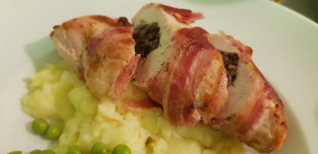 Sous vide chicken and haggis wrapped in smoked streaky bacon, an Overstone Arms favourite
