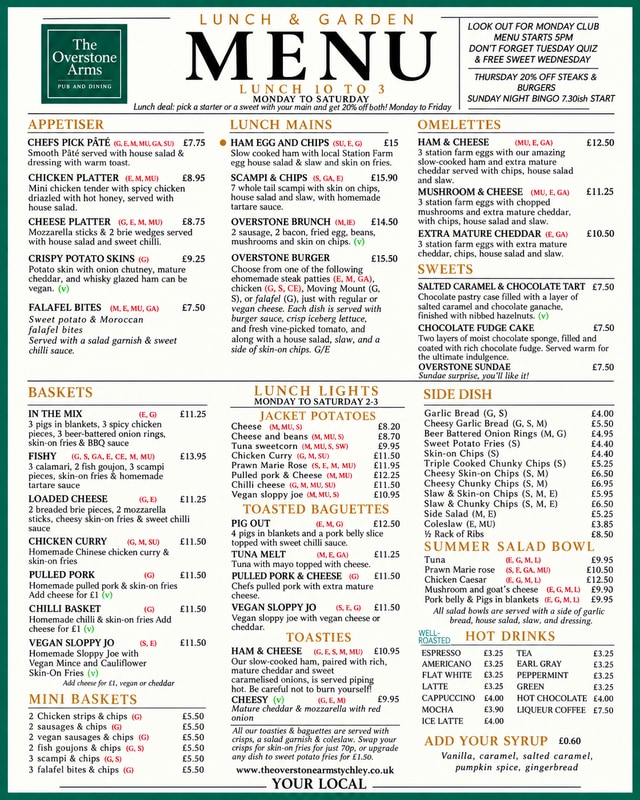 The Overstone Arms Lunch and Garden menu — appetizers, lunch mains, omelettes, baskets, jacket potatoes, toasted baguettes, toasties and sides