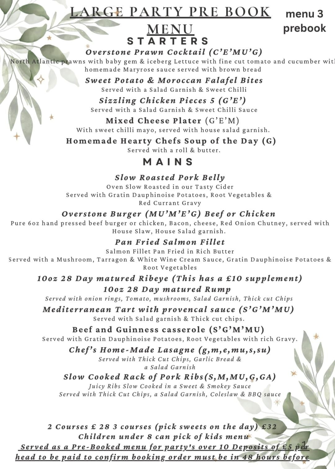 Large party pre-book Menu 3 at The Overstone Arms